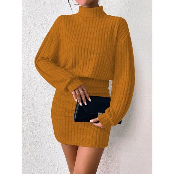 Women Orange Long Sleeve Turtle Neck Cute Ribbed Knit Pullover Sweater Dress - Picture 2 of 5